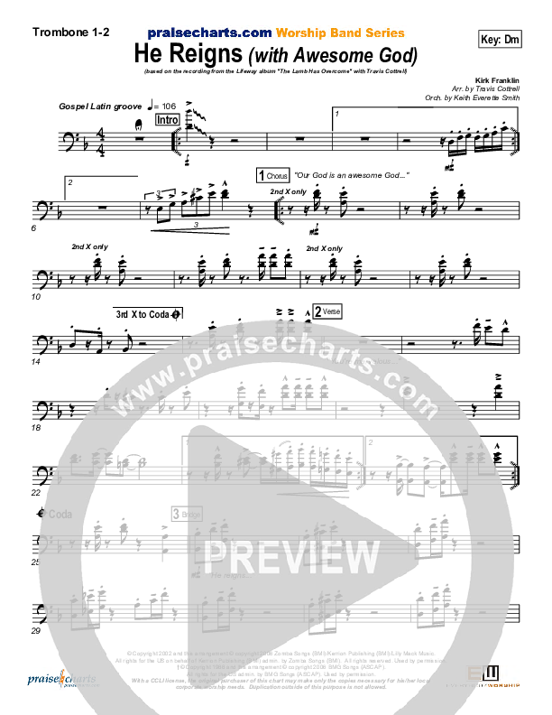 He Reigns (with Awesome God) Trombone 1/2 (Travis Cottrell)