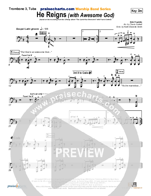 He Reigns (with Awesome God) Trombone 3/Tuba (Travis Cottrell)