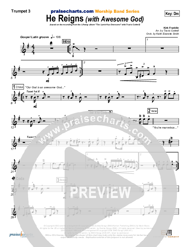 He Reigns (with Awesome God) Trumpet 3 (Travis Cottrell)