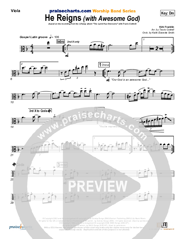 He Reigns (with Awesome God) Viola (Travis Cottrell)