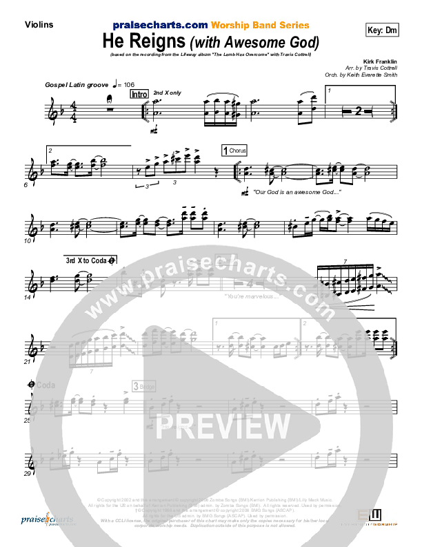 He Reigns (with Awesome God) Violins (Travis Cottrell)