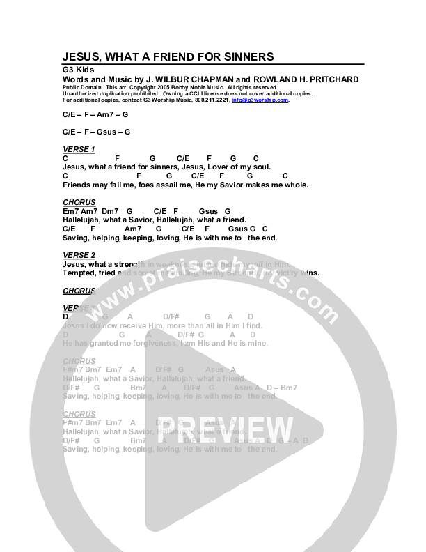 Jesus What A Friend For Sinners Chord Chart (G3 Kids)