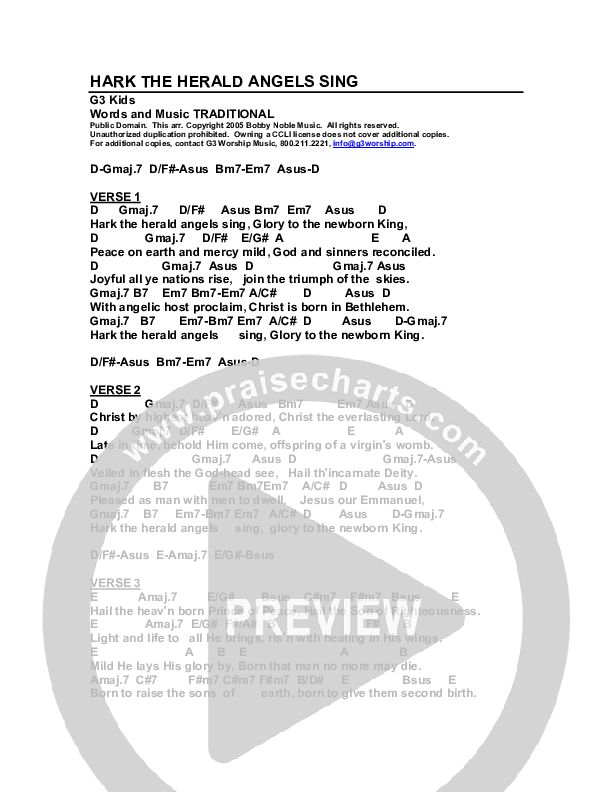 Hark The Herald Angels Sing Chords & Lyrics (G3 Kids)