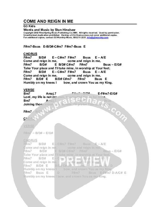 Come And Reign In Me Chords & Lyrics (G3 Kids)