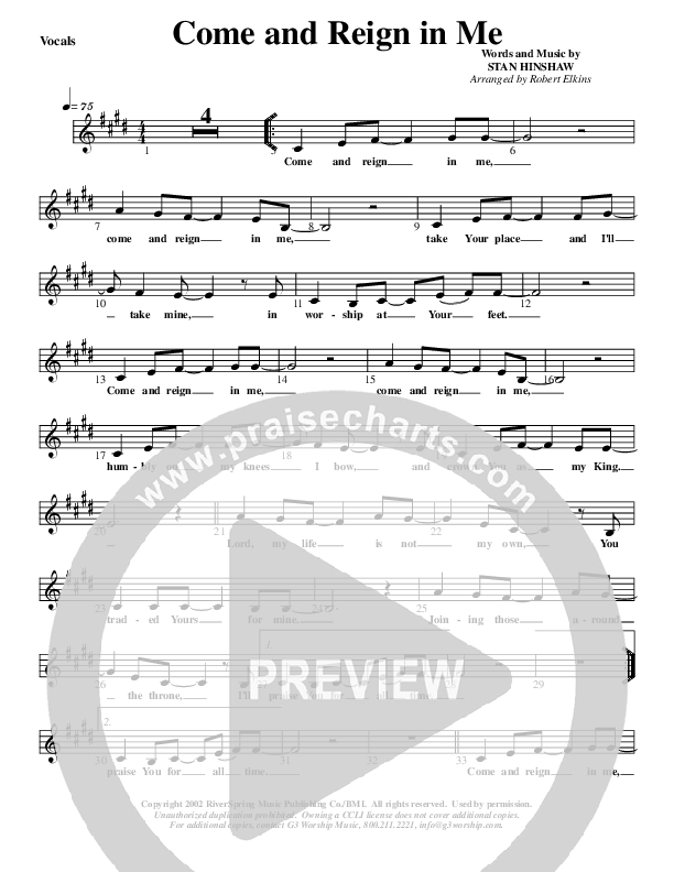 Come And Reign In Me Lead Sheet (G3 Kids)