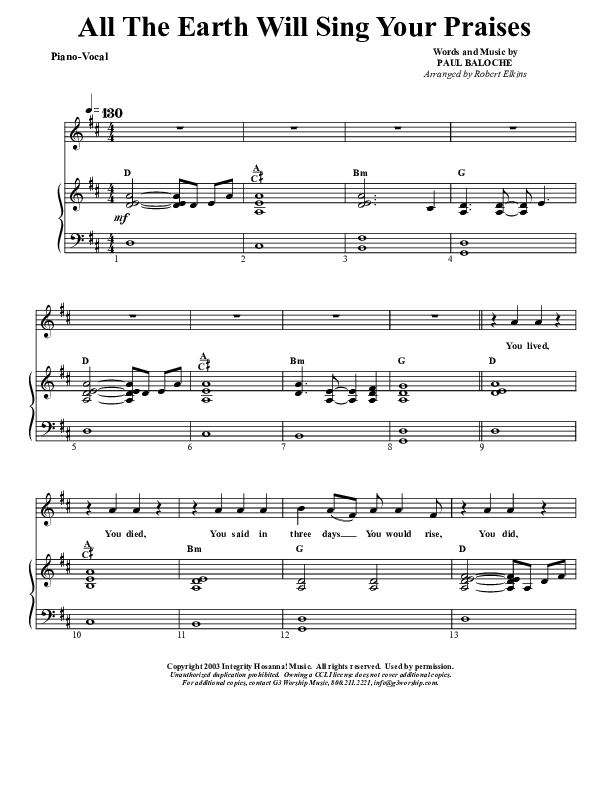 All The Earth Will Sing Your Praises Piano/Vocal & Lead (G3 Kids)