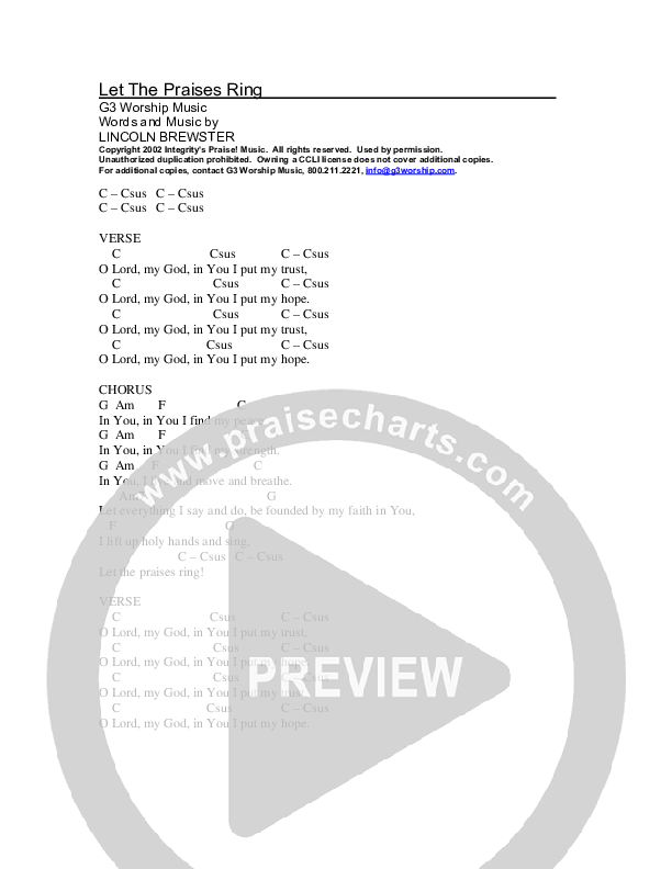 Let The Praises Ring Chords & Lyrics (G3 Kids)
