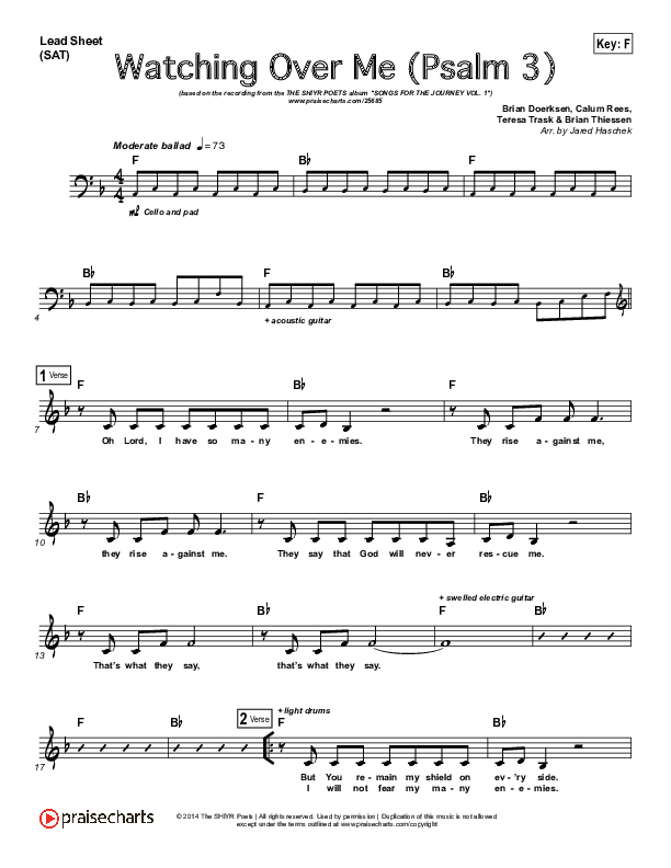 Watching Over Me (Psalm 3) Lead Sheet (SAT) (The SHIYR Poets)