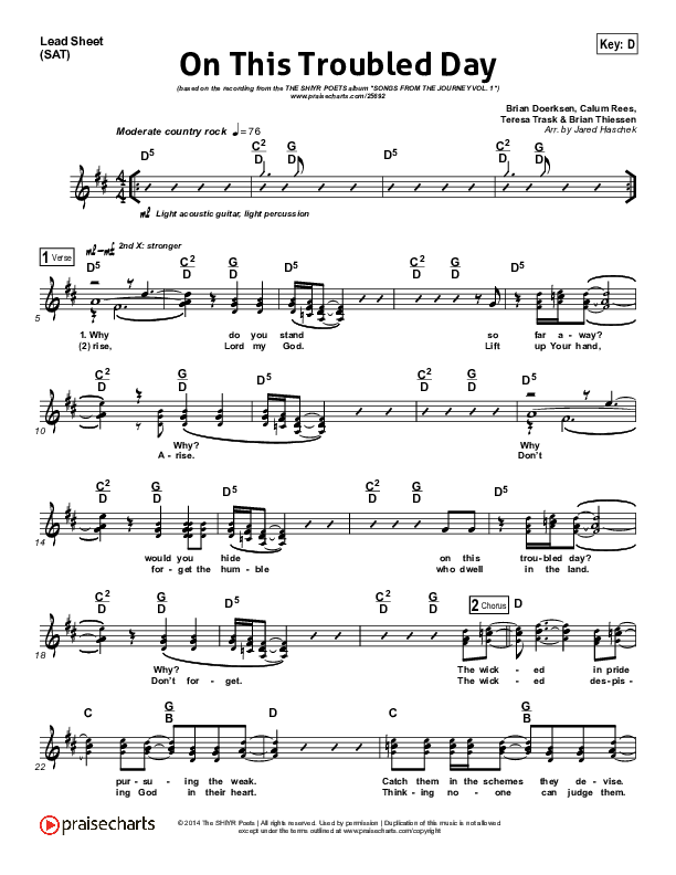 On This Troubled Day (Psalm 10) Lead Sheet (The SHIYR Poets)