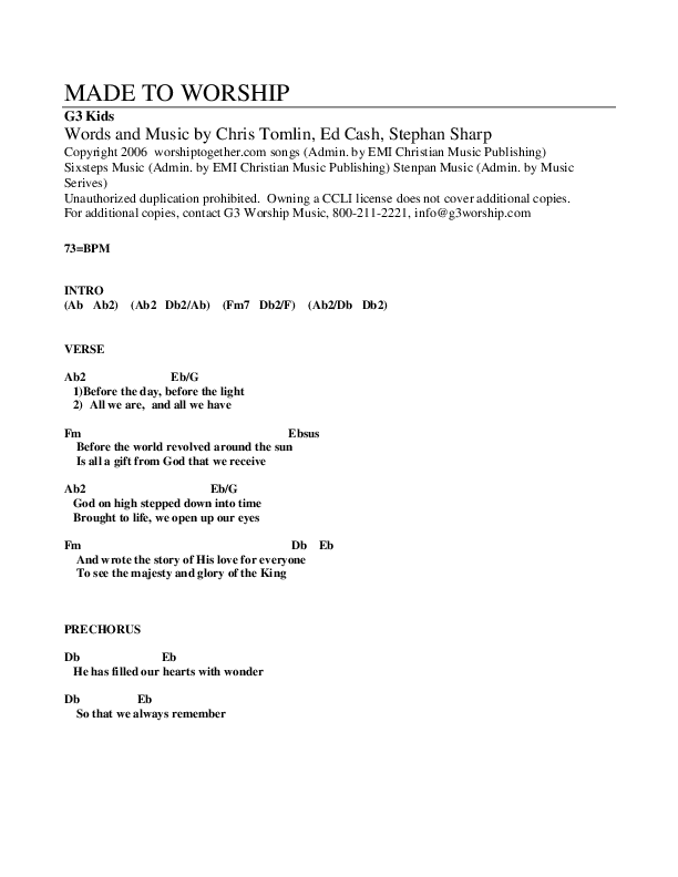 Made To Worship Chords & Lyrics (G3 Kids)