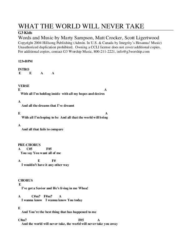 What The World Will Never Take Chords & Lyrics (G3 Kids)