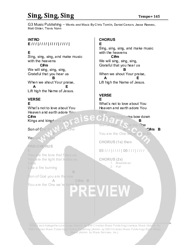 Sing Sing Sing Chords & Lyrics (G3 Kids)