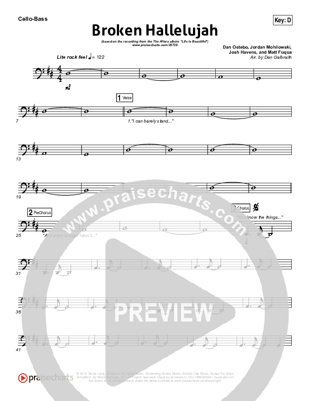 Broken Hallelujah Cello/Bass (The Afters)