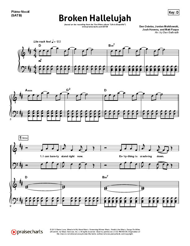 Broken Hallelujah Piano/Vocal (SATB) (The Afters)