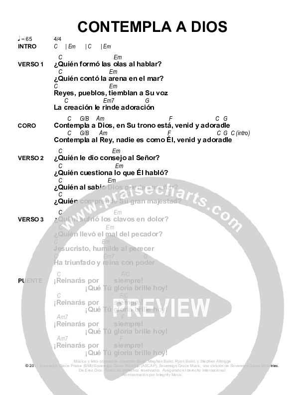 Contempla A Dios (Behold Our God) Chords & Lyrics (Sovereign Grace)