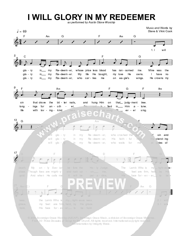 I Will Glory In My Redeemer Lead Sheet (Sovereign Grace / Austin Stone Worship)