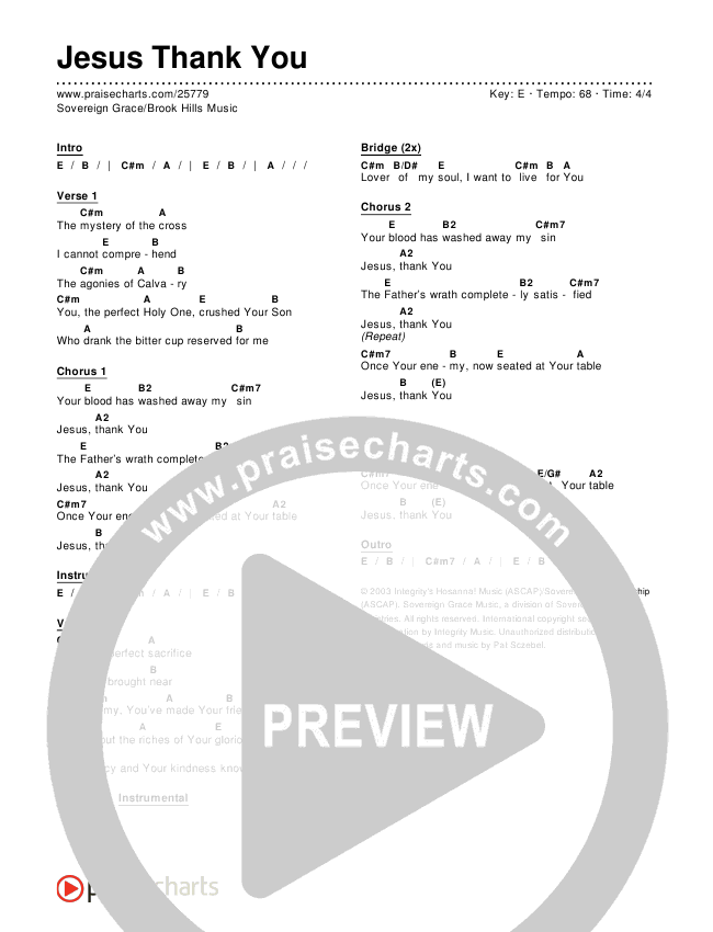 Jesus Thank You Chords & Lyrics (Sovereign Grace / Brook Hills Music)