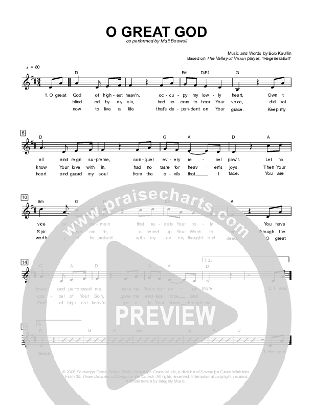 O Great God Lead Sheet (Sovereign Grace / Matt Boswell)