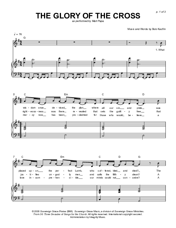The Glory Of The Cross Piano/Vocal (Sovereign Grace / Matt Papa)