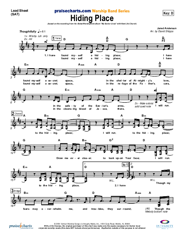 Hiding Place Lead Sheet (SAT) (New Life Worship)