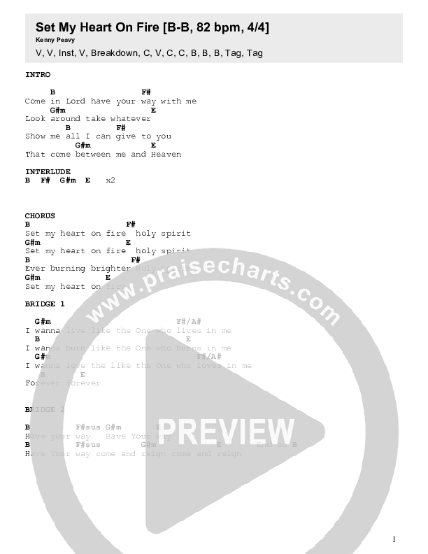 Set My Heart On Fire Chords & Lyrics (Kenny Peavy)