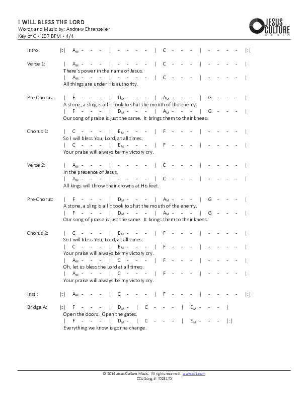 I Will Bless The Lord Chords & Lyrics (Andrew Ehrenzeller)