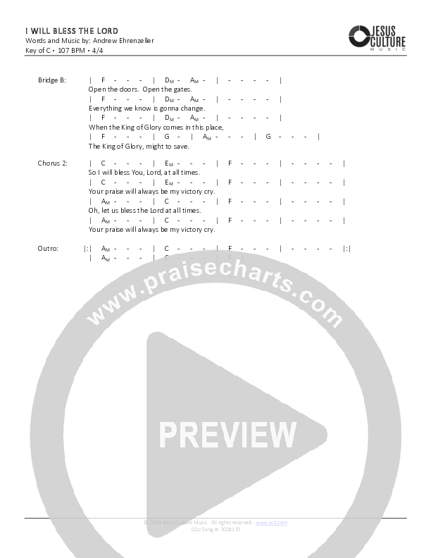 I Will Bless The Lord Chords & Lyrics (Andrew Ehrenzeller)