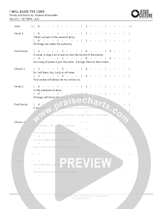 I Will Bless The Lord Chords & Lyrics (Andrew Ehrenzeller)