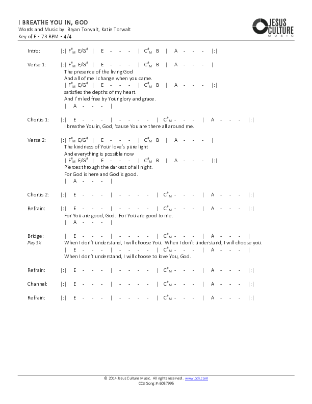 I Breathe You In God	 Chord Chart (Bryan & Katie Torwalt)