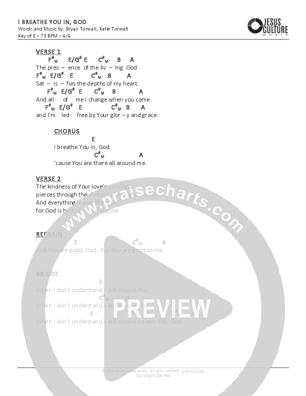 I Breathe You In God	 Chord Chart (Bryan & Katie Torwalt)