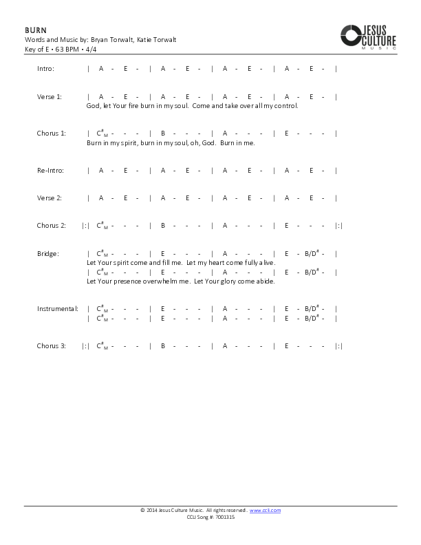 Burn Chords & Lyrics (Bryan & Katie Torwalt)