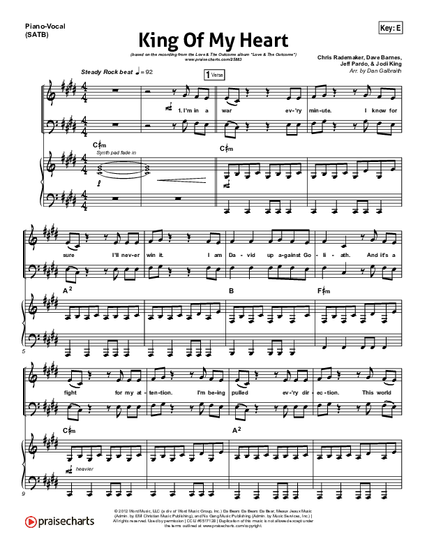 King Of My Heart Piano/Vocal (SATB) (Love & The Outcome)