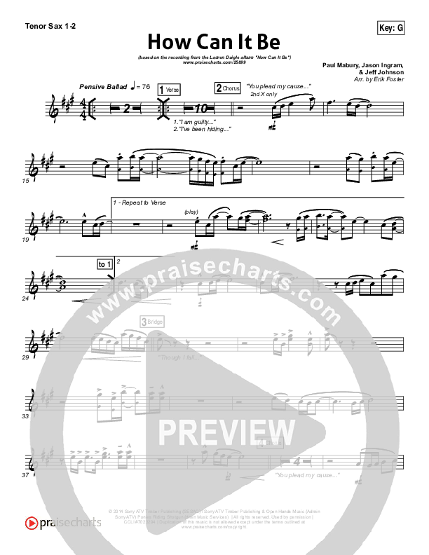 How Can It Be Tenor Sax 1/2 (Lauren Daigle)