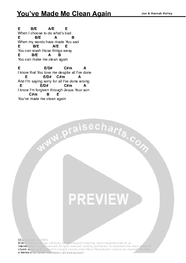 You've Made Me Clean Again Chords & Lyrics (Vineyard UK / Alice Matthews / JJ Hemming)