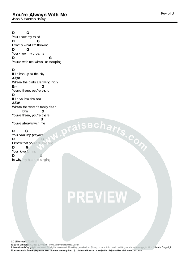 You're Always With Me Chords & Lyrics (Vineyard UK / Ali Hider)