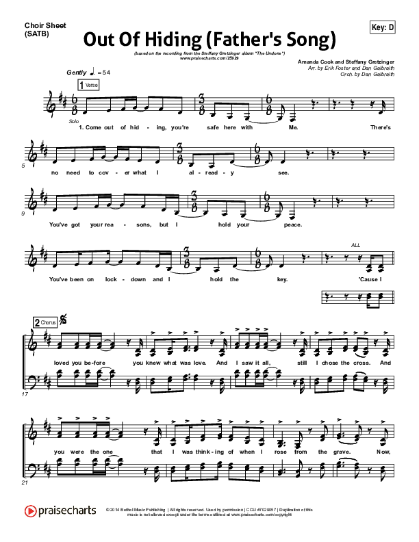 Out Of Hiding (Father's Song) Choir Sheet (SATB) (Steffany Gretzinger)