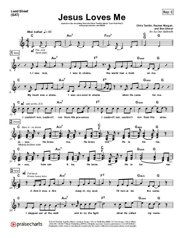 Jesus Loves Me Lead Sheet (SAT) (Chris Tomlin)