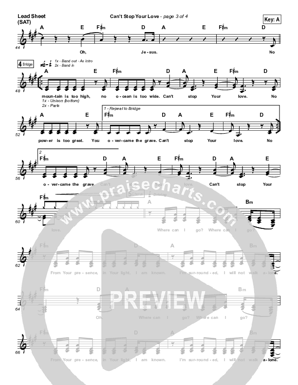 Can't Stop Your Love Lead Sheet (SAT) (Worship Central / Ben Cantelon)