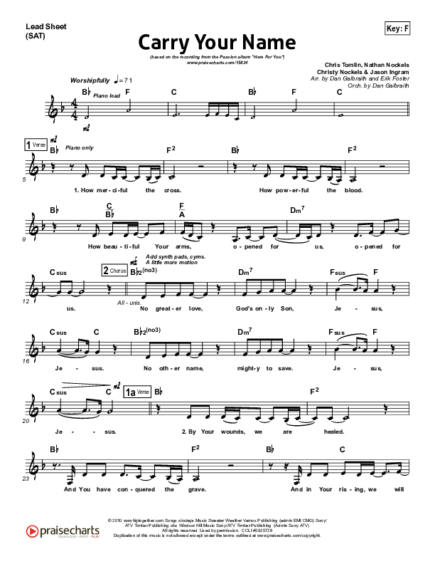 Carry Your Name (Choral Anthem SATB) Lead Sheet (SAT) (Christy Nockels / Passion / Arr. Richard Kingsmore)