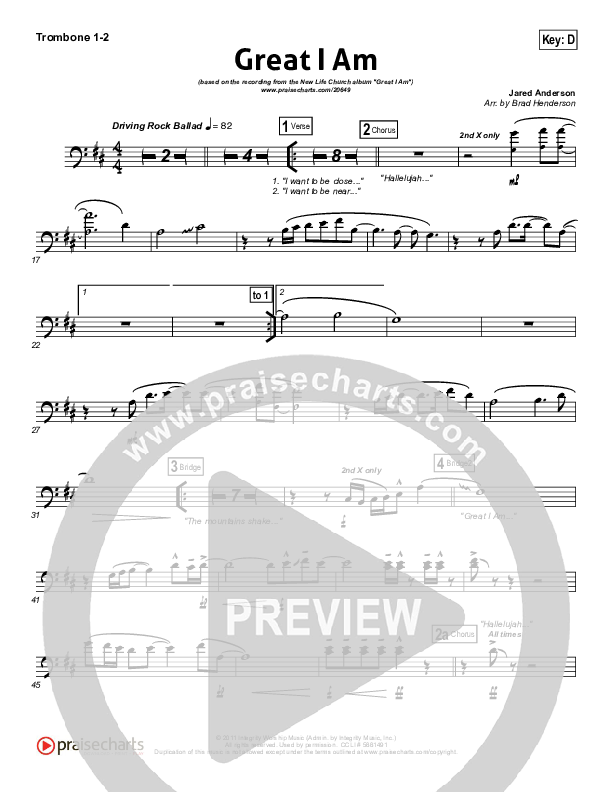 Great I Am (Choral Anthem SATB) Trombone 1/2 (New Life Worship / NextGen Worship / Arr. Richard Kingsmore)