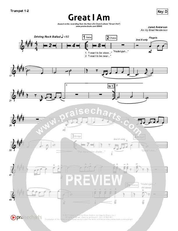 Great I Am (Choral Anthem SATB) Trumpet 1,2 (New Life Worship / NextGen Worship / Arr. Richard Kingsmore)