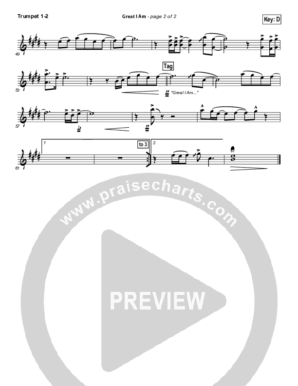 Great I Am (Choral Anthem SATB) Trumpet 1,2 (New Life Worship / NextGen Worship / Arr. Richard Kingsmore)