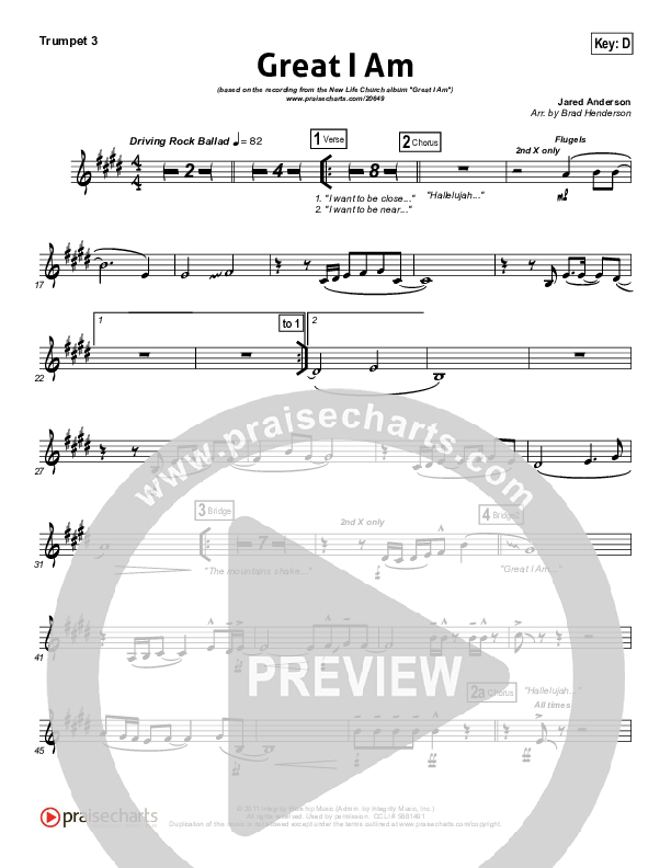 Great I Am (Choral Anthem SATB) Trumpet 3 (New Life Worship / NextGen Worship / Arr. Richard Kingsmore)