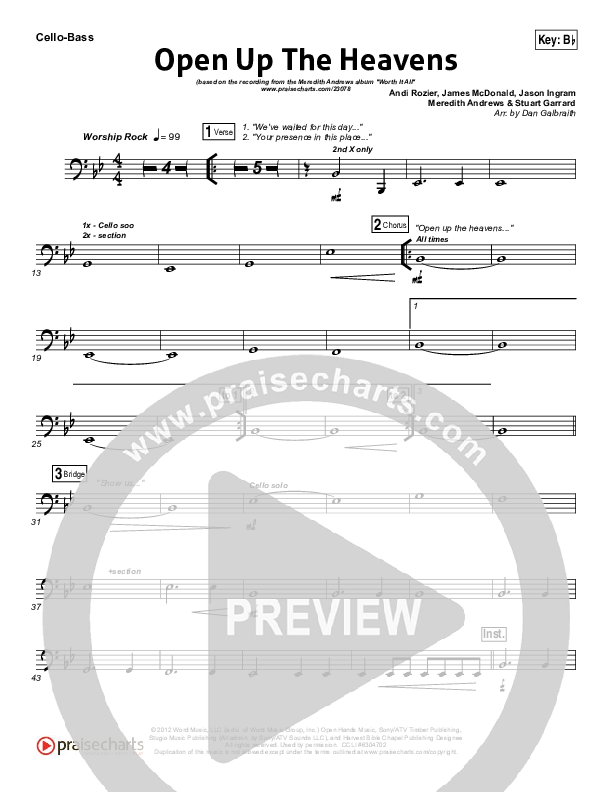 Open Up The Heavens (Choral Anthem SATB) Cello/Bass (Meredith Andrews / NextGen Worship / Arr. Richard Kingsmore)