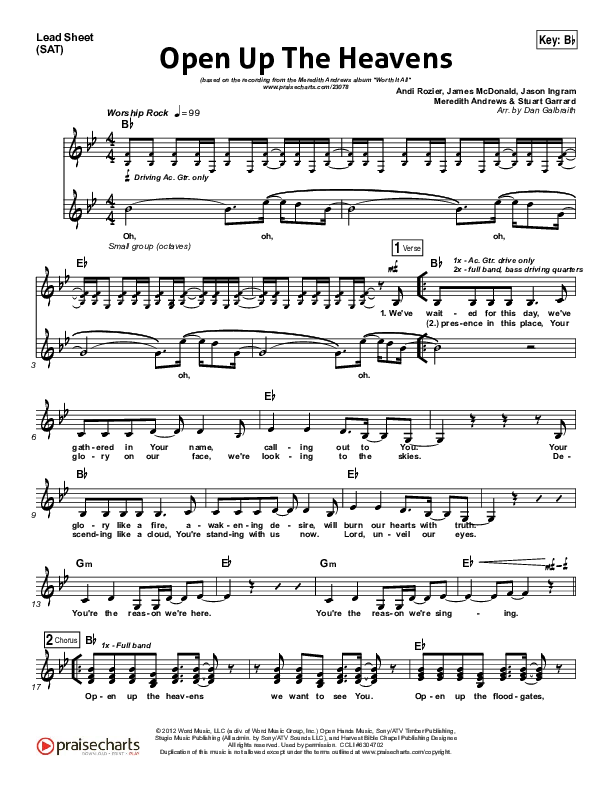 Open Up The Heavens (Choral Anthem SATB) Lead Sheet (SAT) (Meredith Andrews / NextGen Worship / Arr. Richard Kingsmore)