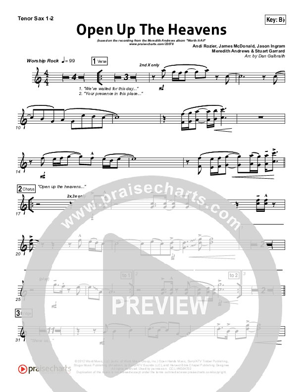 Open Up The Heavens (Choral Anthem SATB) Tenor Sax 1/2 (Meredith Andrews / NextGen Worship / Arr. Richard Kingsmore)