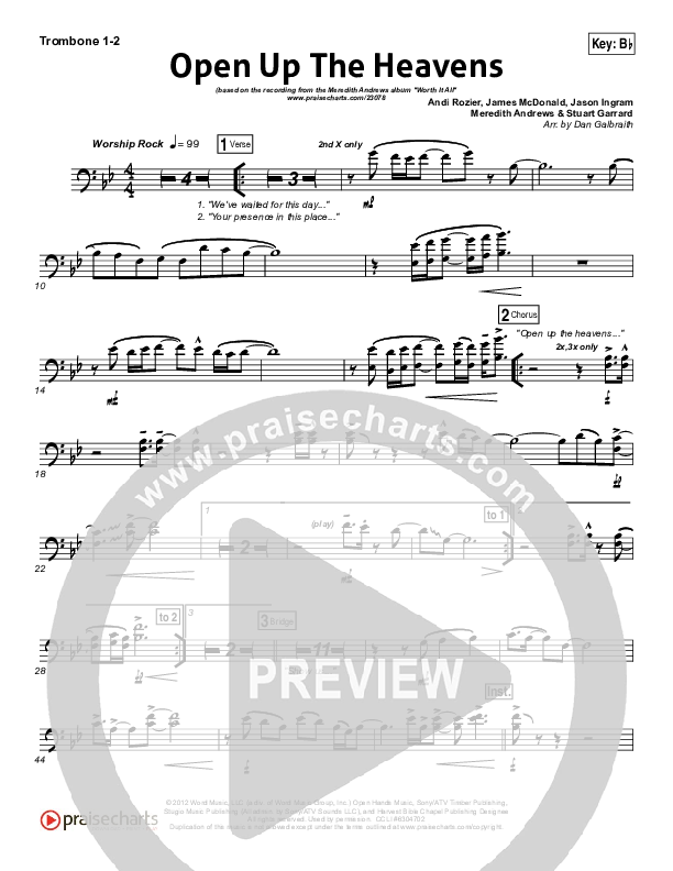Open Up The Heavens (Choral Anthem SATB) Trombone 1/2 (Meredith Andrews / NextGen Worship / Arr. Richard Kingsmore)