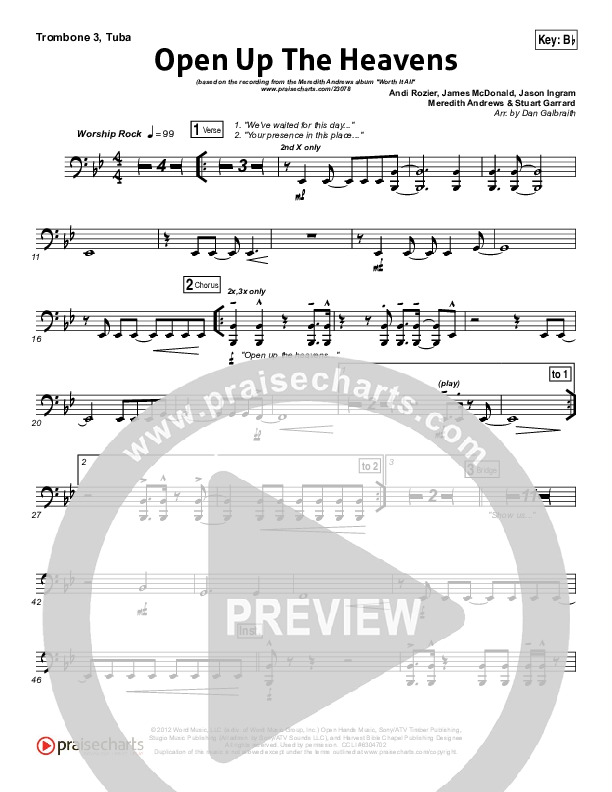 Open Up The Heavens (Choral Anthem SATB) Trombone 3/Tuba (Meredith Andrews / NextGen Worship / Arr. Richard Kingsmore)