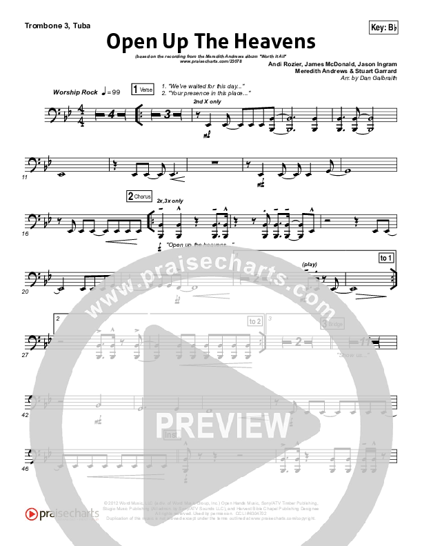 Open Up The Heavens (Choral Anthem SATB) Trombone 3/Tuba (Meredith Andrews / NextGen Worship / Arr. Richard Kingsmore)