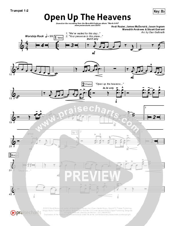 Open Up The Heavens (Choral Anthem SATB) Trumpet 1,2 (Meredith Andrews / NextGen Worship / Arr. Richard Kingsmore)